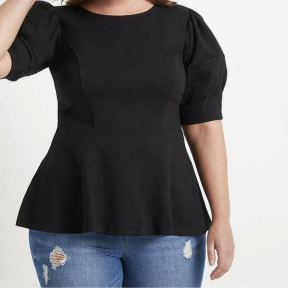 New Eloquii Black Puff Sleeve Peplum Blouse Top Scuba Ponte Back Zip Size 16 - Picture 2 of 12